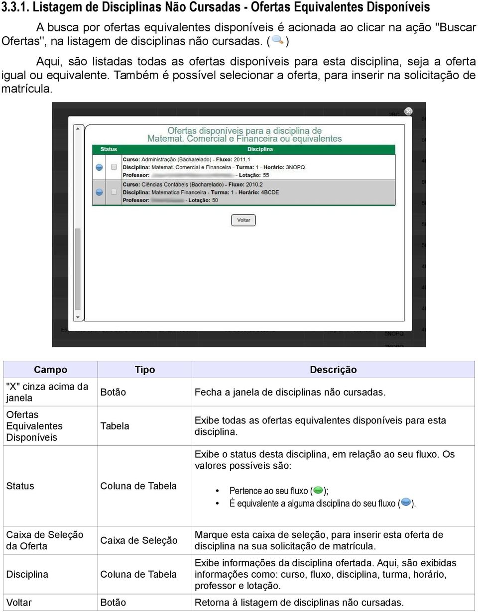 cursadas. ( ) Aqui, são listadas todas as ofertas disponíveis para esta disciplina, seja a oferta igual ou equivalente. Também é possível selecionar a oferta, para inserir na solicitação de matrícula.