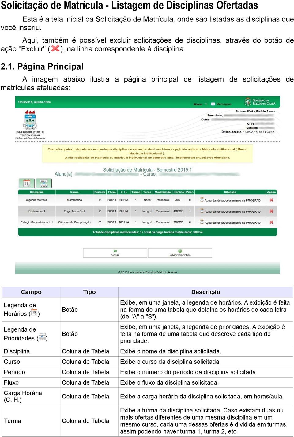 Página Principal A imagem abaixo ilustra a página principal de listagem de solicitações de matrículas efetuadas: Legenda de Horários ( ) Legenda de Prioridades ( ) Exibe, em uma janela, a legenda de
