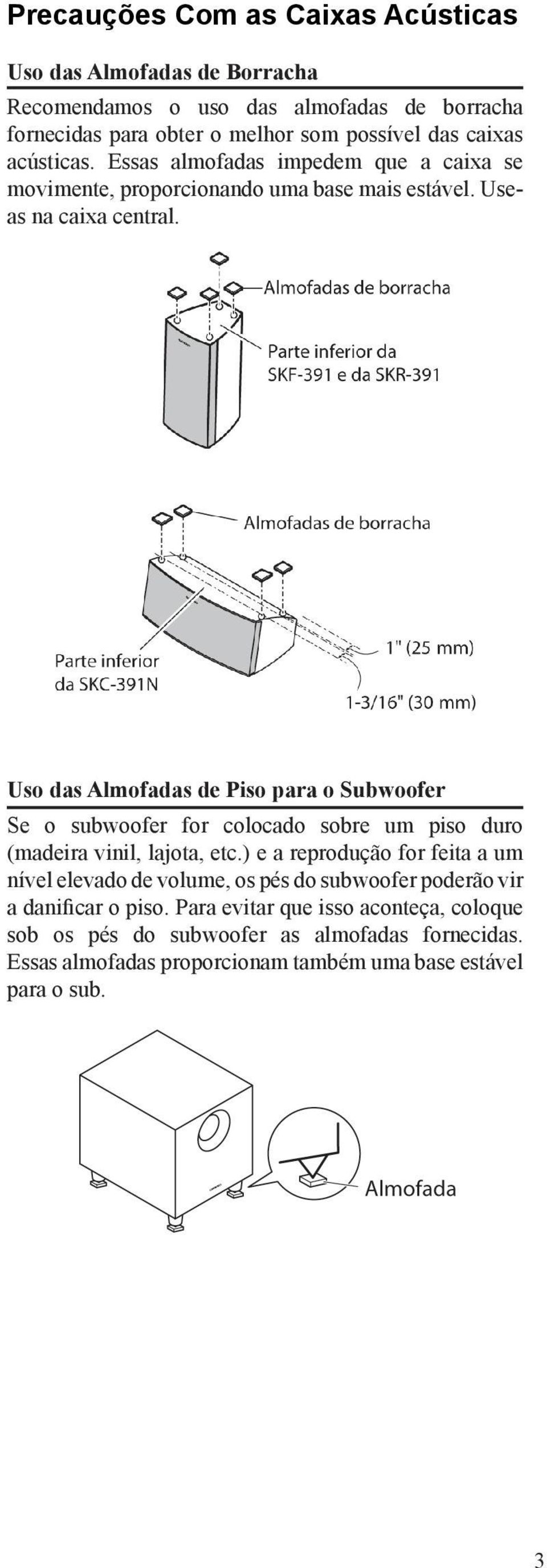 Uso das Almofadas de Piso para o Subwoofer Se o subwoofer for colocado sobre um piso duro (madeira vinil, lajota, etc.