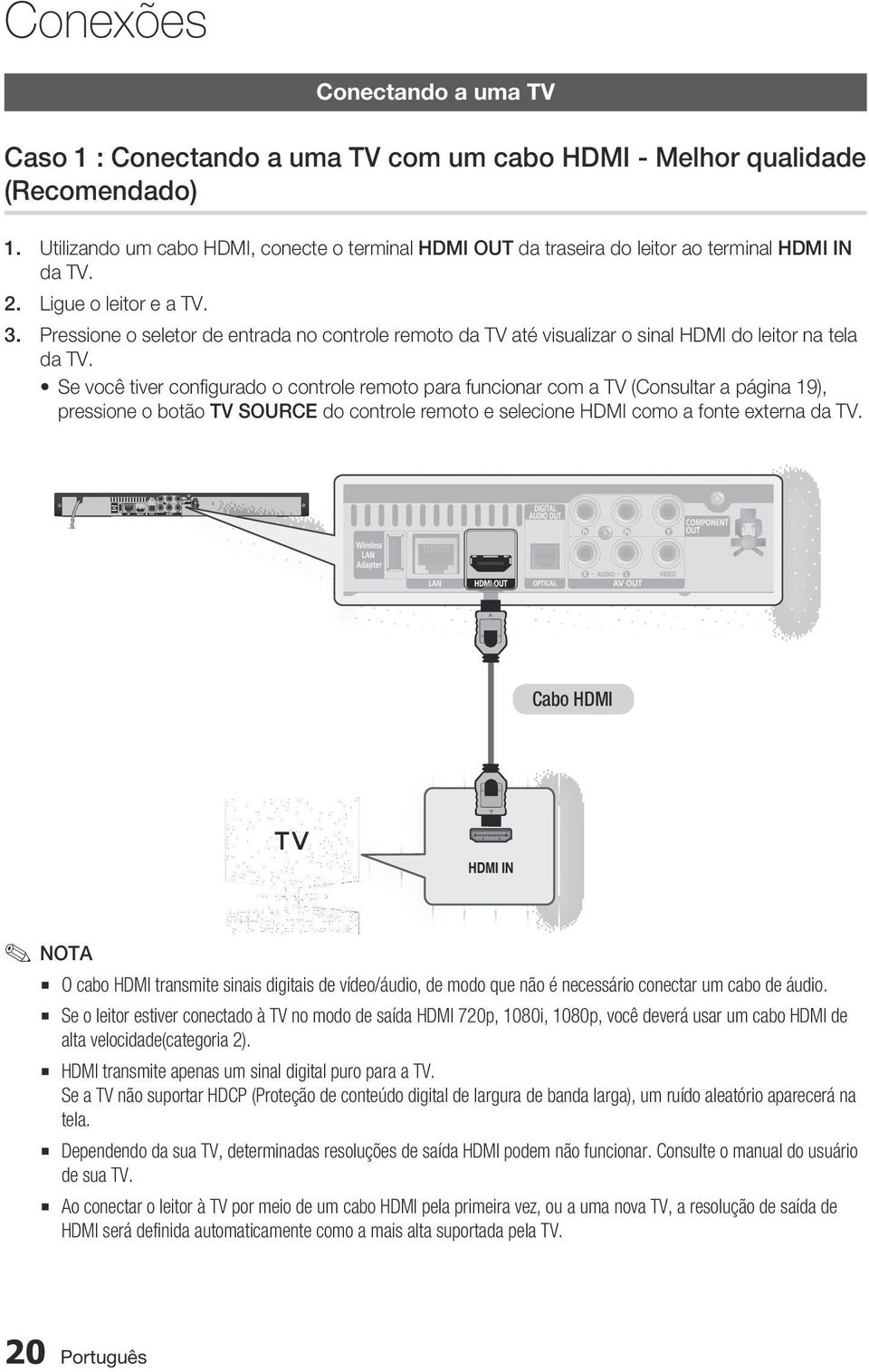 Se você tiver configurado o controle remoto para funcionar com a TV (Consultar a página 19), pressione o botão TV SOURCE do controle remoto e selecione HDMI como a fonte externa da TV.