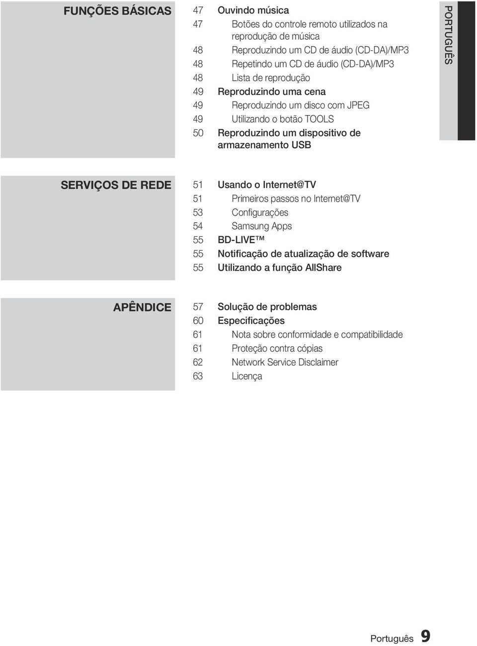 PORTUGUÊS Serviços de rede 51 Usando o Internet@TV 51 Primeiros passos no Internet@TV 53 Configurações 54 Samsung Apps 55 BD-LIVE 55 Notificação de atualização de software 55