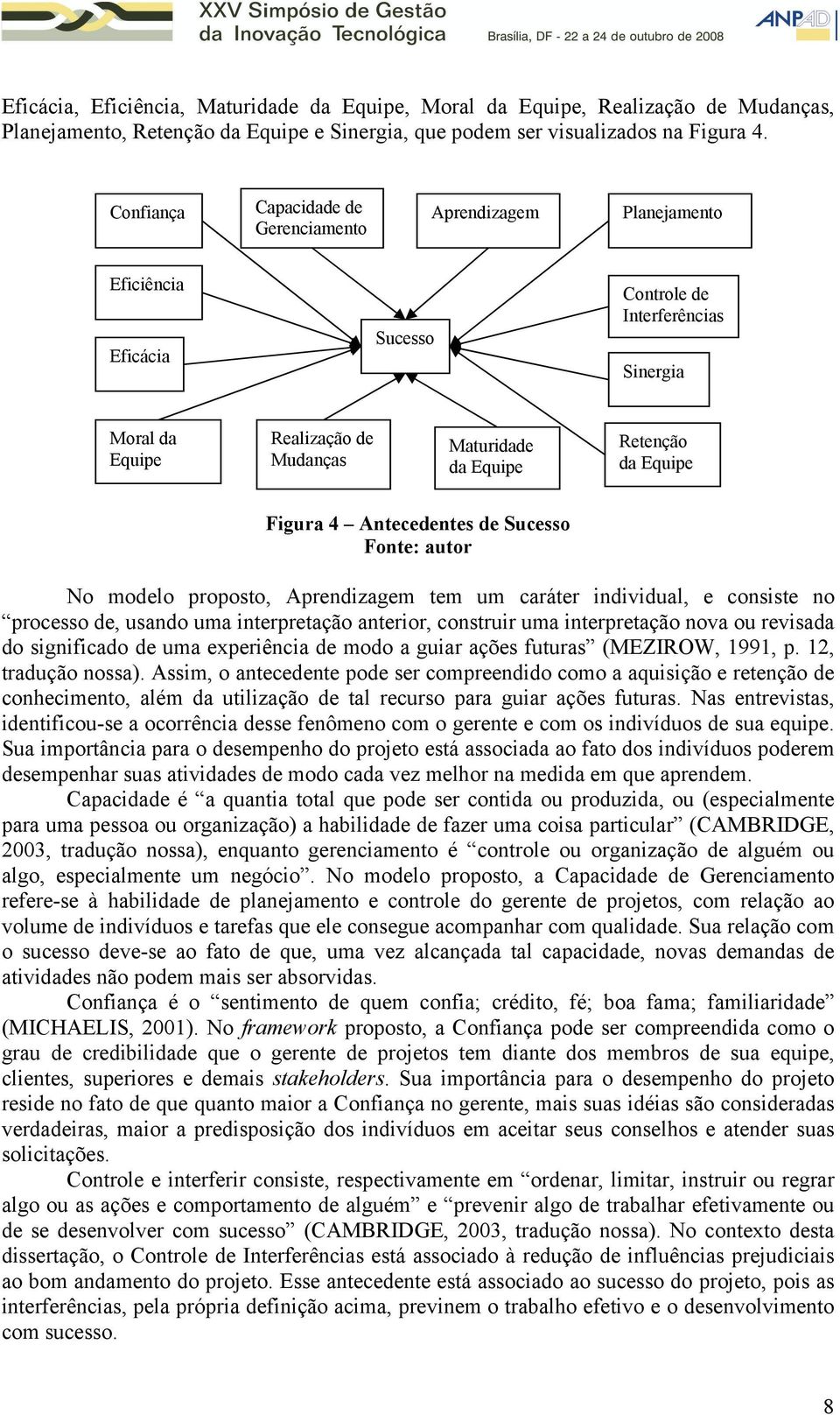 Equipe Figura 4 Antecedentes de Sucesso Fonte: autor No modelo proposto, Aprendizagem tem um caráter individual, e consiste no processo de, usando uma interpretação anterior, construir uma