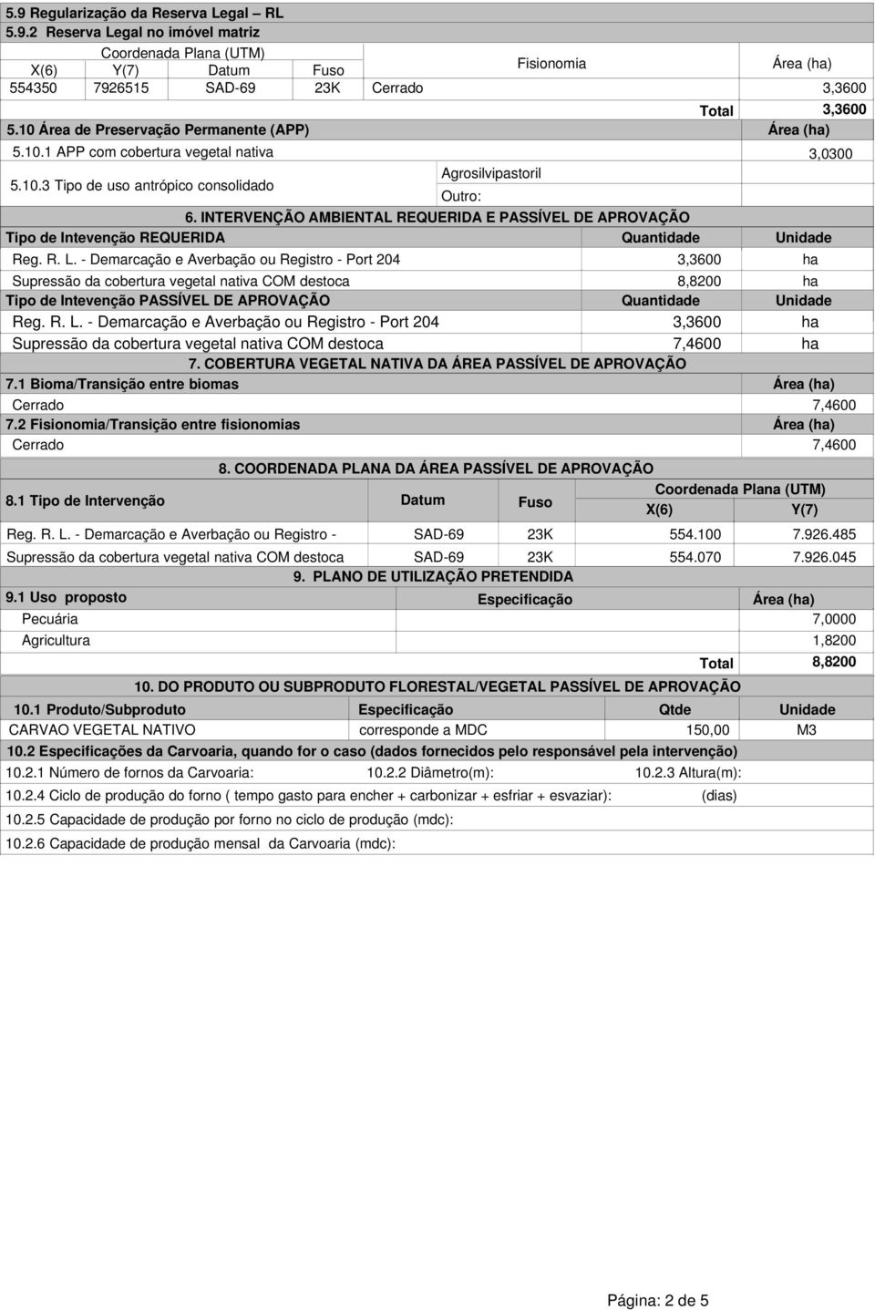 INTERVENÇÃO AMBIENTAL REQUERIDA E PASSÍVEL DE APROVAÇÃO Tipo de Intevenção REQUERIDA Quantidade Unidade Reg. R. L.