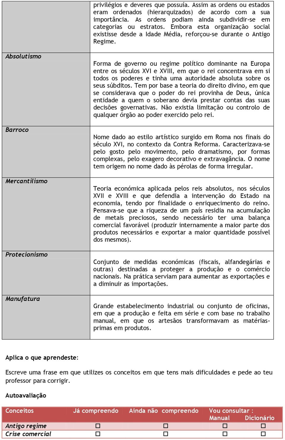 Absolutismo Barroco Mercantilismo Protecionismo Manufatura Forma de governo ou regime político dominante na Europa entre os séculos XVI e XVIII, em que o rei concentrava em si todos os poderes e