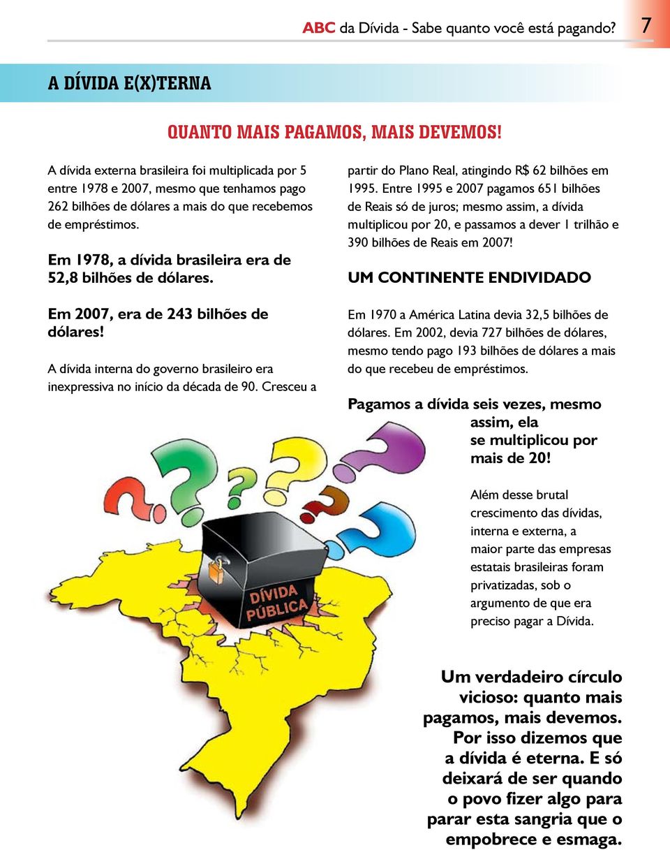 Em 1978, a dívida brasileira era de 52,8 bilhões de dólares. Em 2007, era de 243 bilhões de dólares! A dívida interna do governo brasileiro era inexpressiva no início da década de 90.