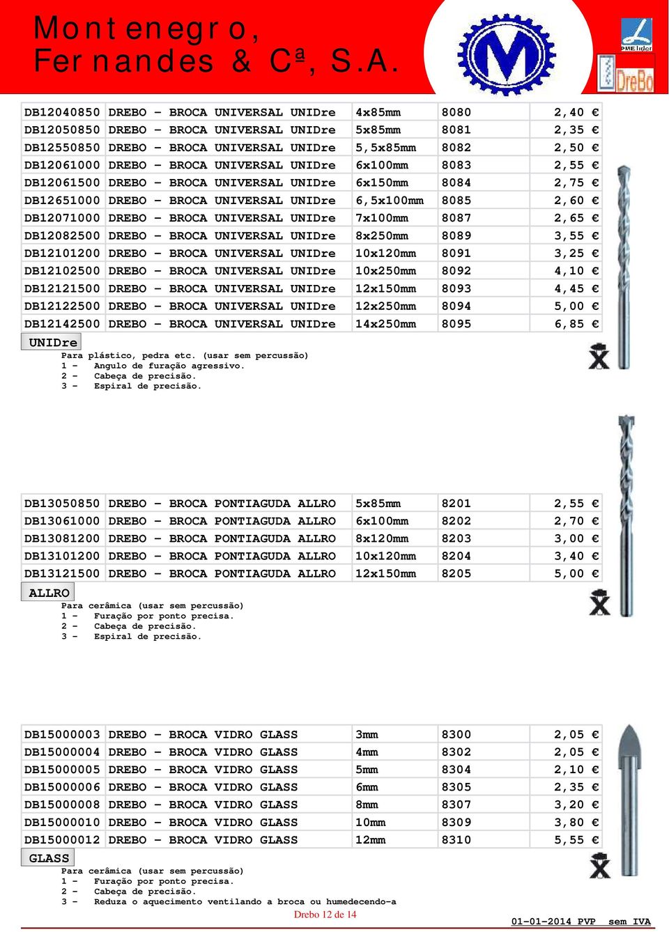 UNIDre 7x100mm 8087 2,65 DB12082500 DREBO - BROCA UNIVERSAL UNIDre 8x250mm 8089 3,55 DB12101200 DREBO - BROCA UNIVERSAL UNIDre 10x120mm 8091 3,25 DB12102500 DREBO - BROCA UNIVERSAL UNIDre 10x250mm