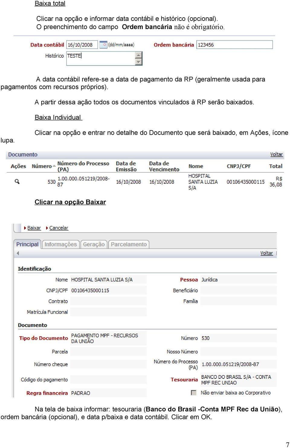 A partir dessa ação todos os documentos vinculados à RP serão baixados. Baixa Individual lupa.