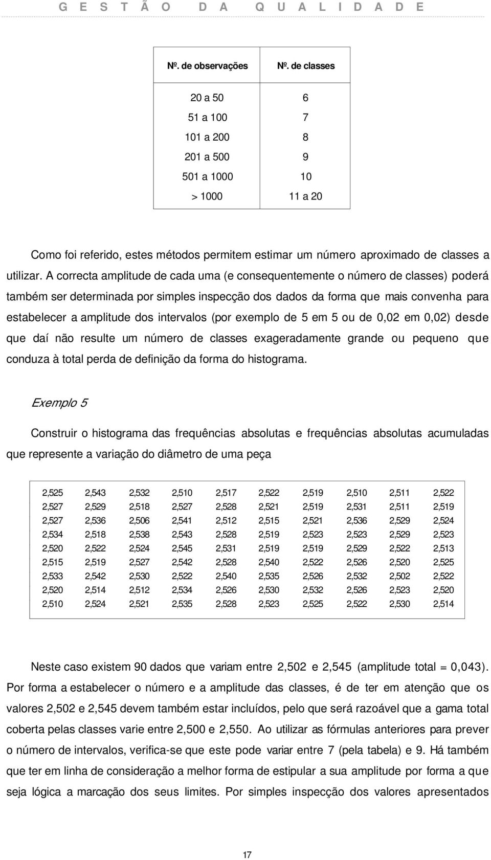 intervalos (por exemplo de 5 em 5 ou de,2 em,2) desde que daí não resulte um número de classes exageradamente grande ou pequeno que conduza à total perda de definição da forma do histograma.