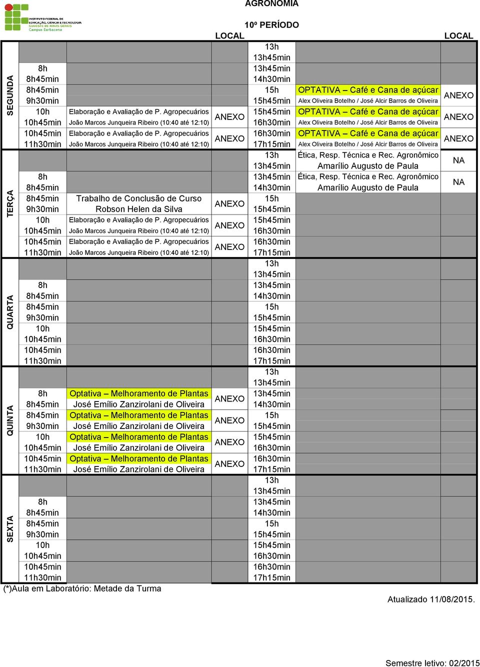 Agropecuários OPTATIVA Café e Cana de açúcar João Marcos Junqueira Ribeiro (10:40 até 12:10) Alex Oliveira Botelho / José Alcir Barros de Oliveira Ética, Resp. Técnica e Rec.