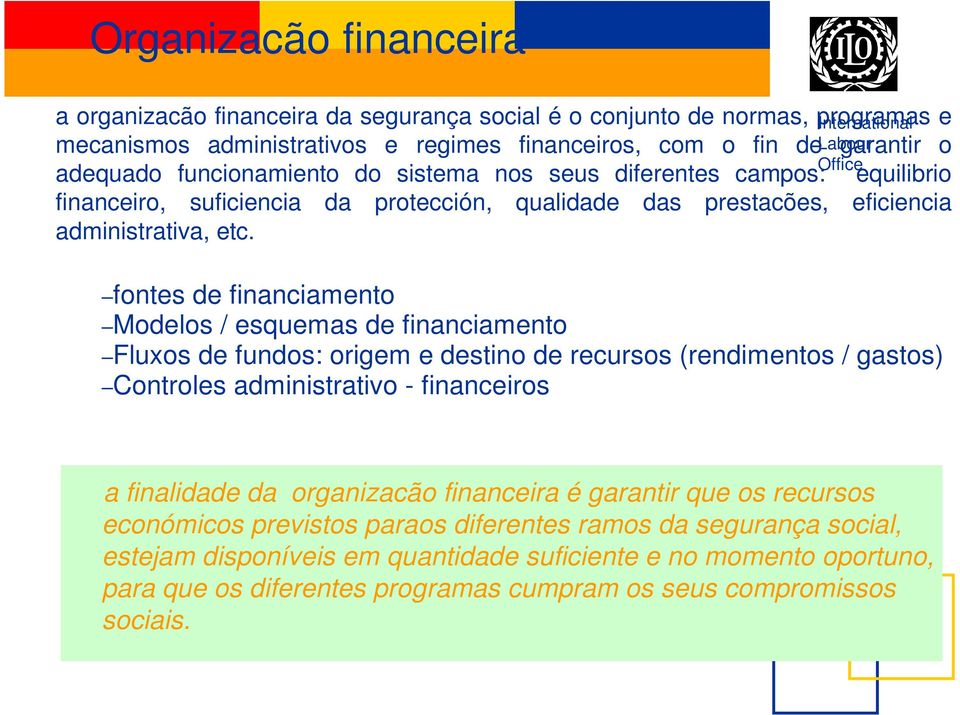 fontes de financiamento Modelos / esquemas de financiamento Fluxos de fundos: origem e destino de recursos (rendimentos / gastos) Controles administrativo - financeiros a finalidade da organizacão