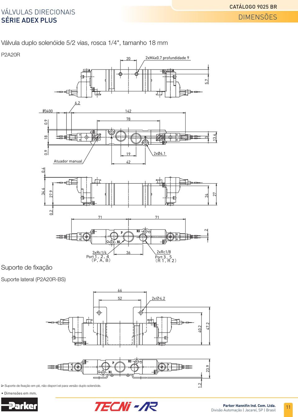 1 42 24 27 71 71 2 3xRc1/4 Port1,2,4 (P,A,B) 2xRc1/8 Port3,5 (R1,R2) Suporte lateral