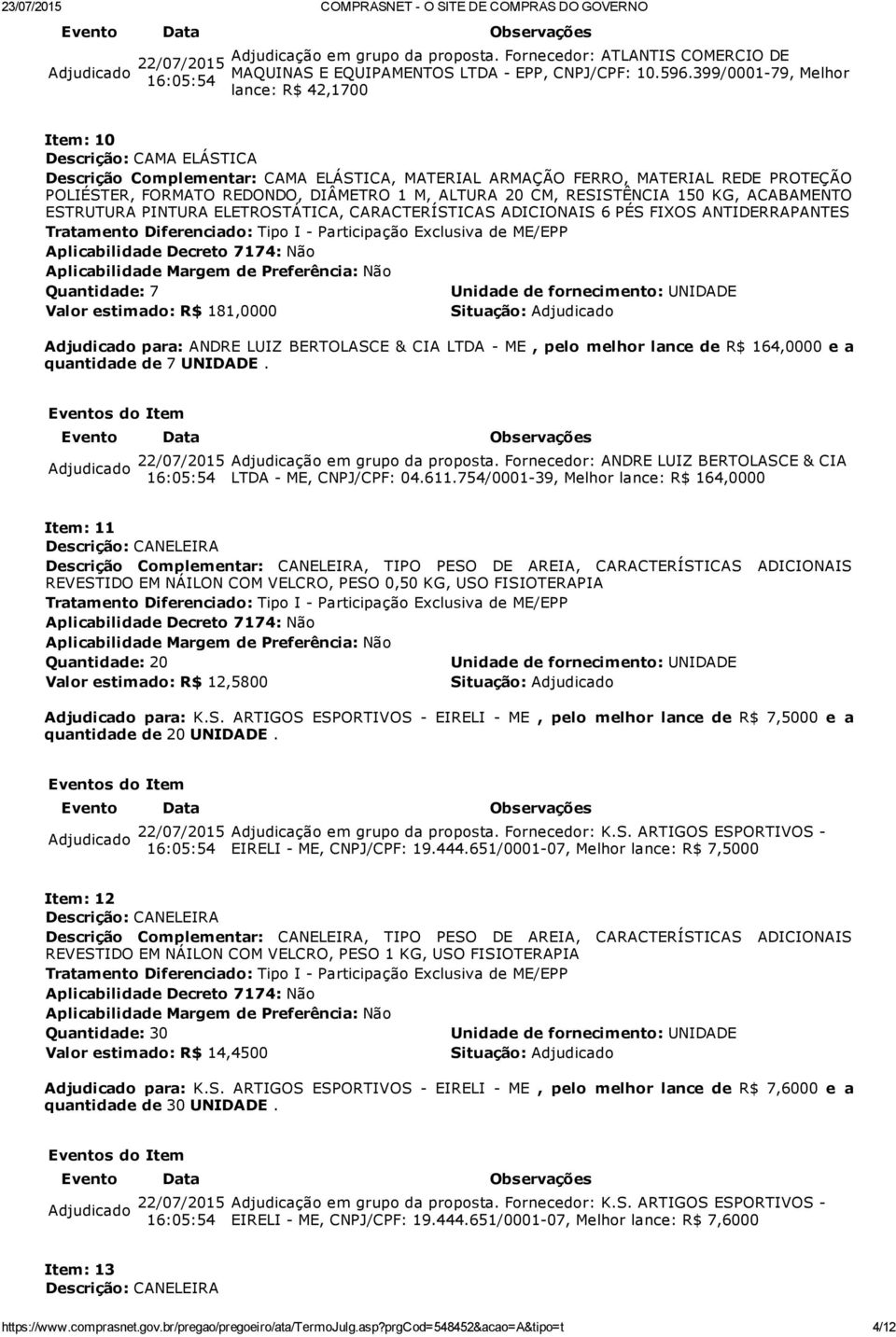 & CIA LTDA ME, pelo melhor lance de R$ 164,0000 e a quantidade de 7 UNIDADE. LTDA ME, CNPJ/CPF: 04.611.