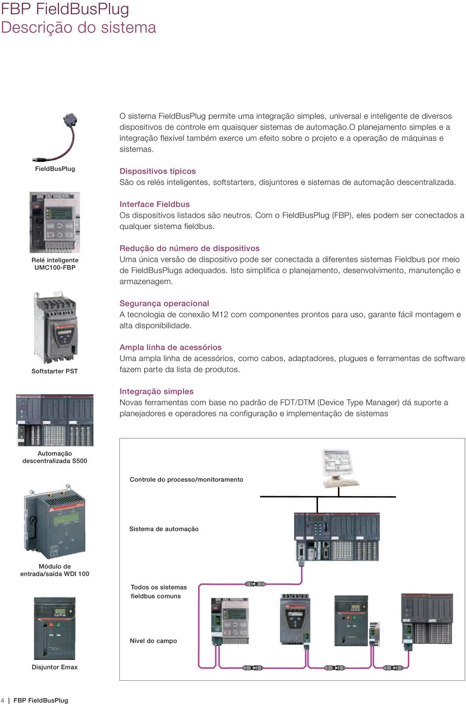 FieldBusPlug Dispositivos típicos São os relés inteligentes, softstarters, disjuntores e sistemas de automação descentralizada. Interface Fieldbus Os dispositivos listados são neutros.