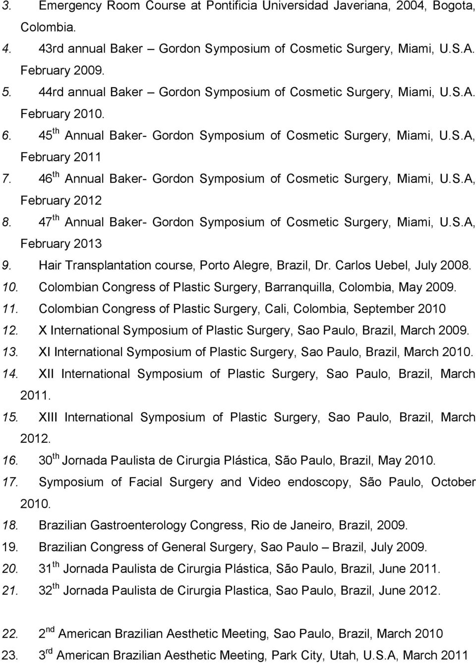 46 th Annual Baker- Gordon Symposium of Cosmetic Surgery, Miami, U.S.A, February 2012 8. 47 th Annual Baker- Gordon Symposium of Cosmetic Surgery, Miami, U.S.A, February 2013 9.