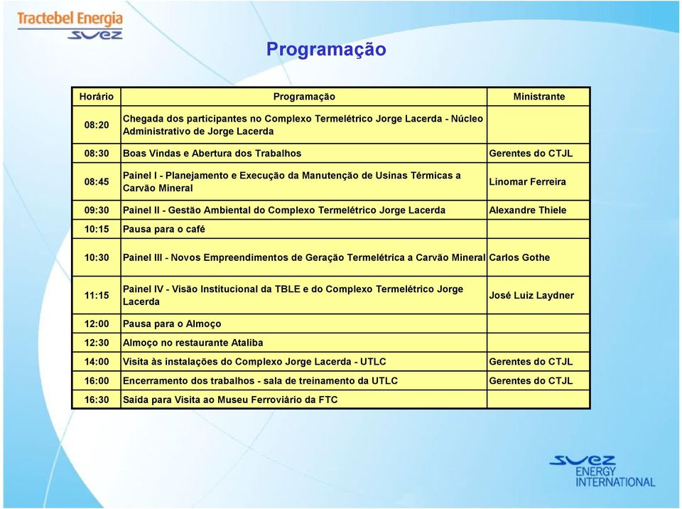 Alexandre Thiele 10:15 Pausa para o café 10:30 Painel III - Novos Empreendimentos de Geração Termelétrica a Carvão Mineral Carlos Gothe 11:15 Painel IV - Visão Institucional da TBLE e do Complexo