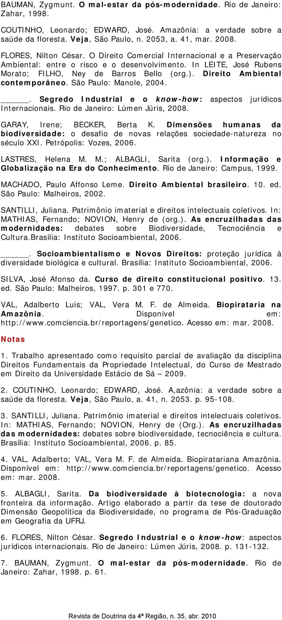 Direito Ambiental contemporâneo. São Paulo: Manole, 2004.. Segredo Industrial e o know-how: aspectos jurídicos Internacionais. Rio de Janeiro: Lúmen Júris, 2008. GARAY, Irene; BECKER, Berta K.