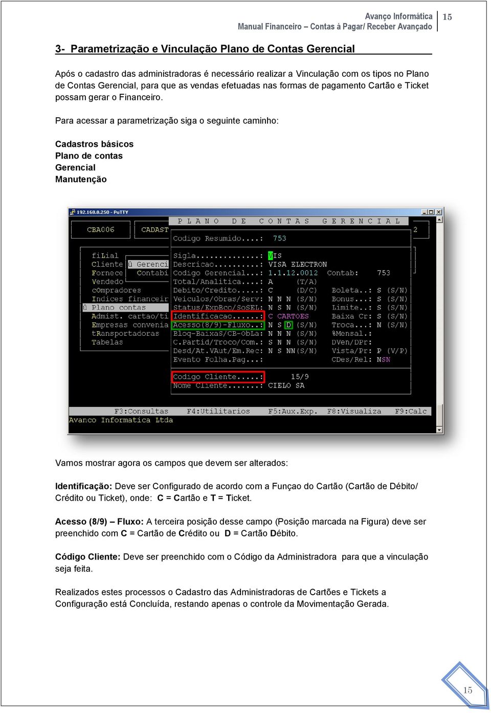 Para acessar a parametrização siga o seguinte caminho: Cadastros básicos Plano de contas Gerencial Manutenção Vamos mostrar agora os campos que devem ser alterados: Identificação: Deve ser