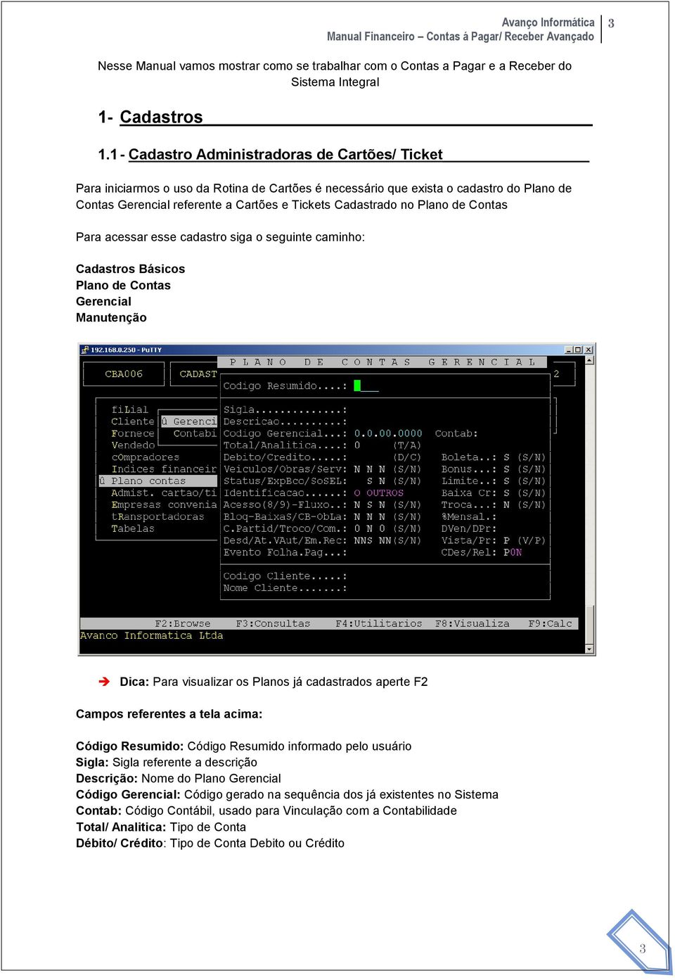 Plano de Contas Para acessar esse cadastro siga o seguinte caminho: Cadastros Básicos Plano de Contas Gerencial Manutenção Dica: Para visualizar os Planos já cadastrados aperte F2 Campos referentes a