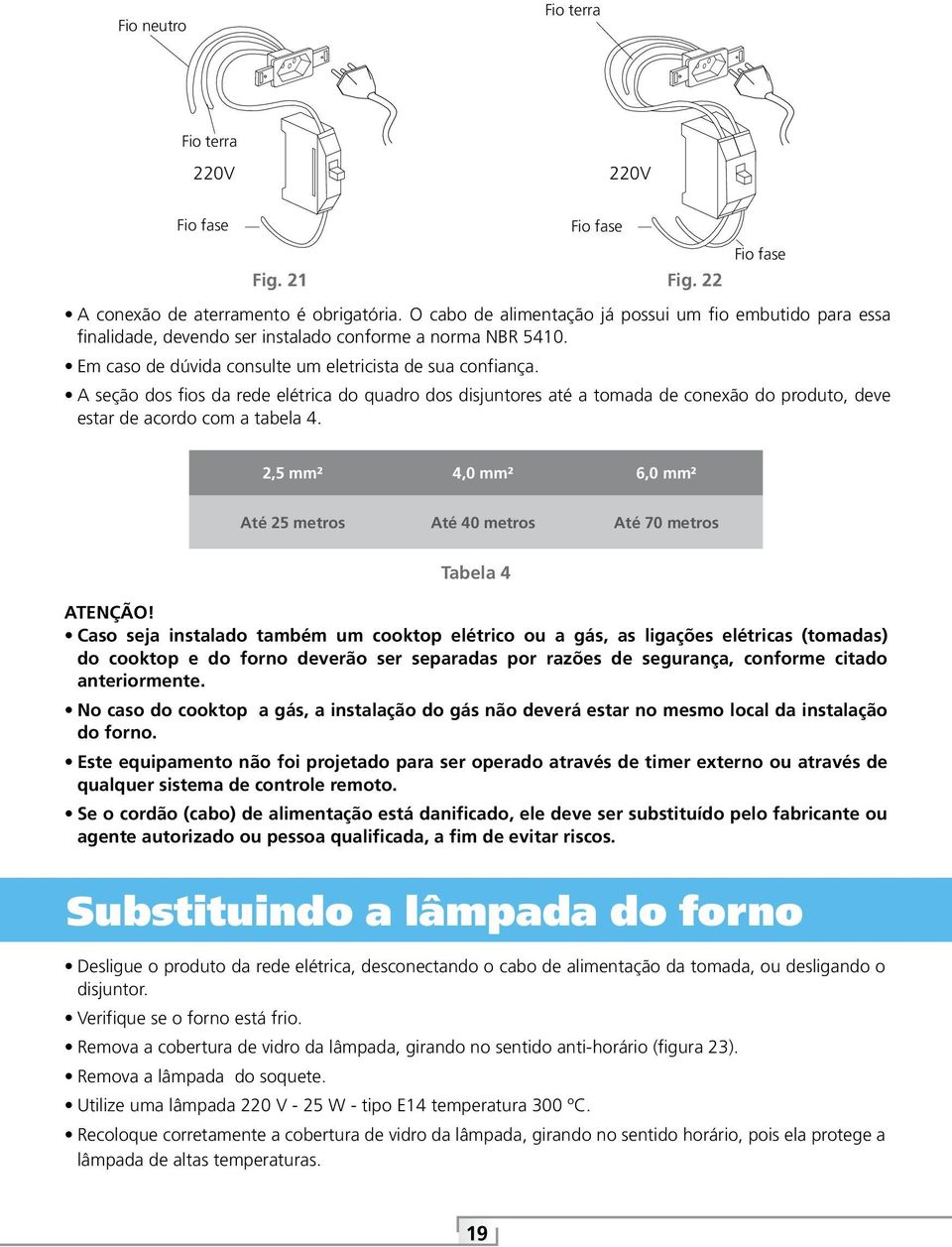 Em caso de dúvida consulte um eletricista de sua confiança. A seção dos fios da rede elétrica do quadro dos disjuntores até a tomada de conexão do produto, deve estar de acordo com a tabela 4.