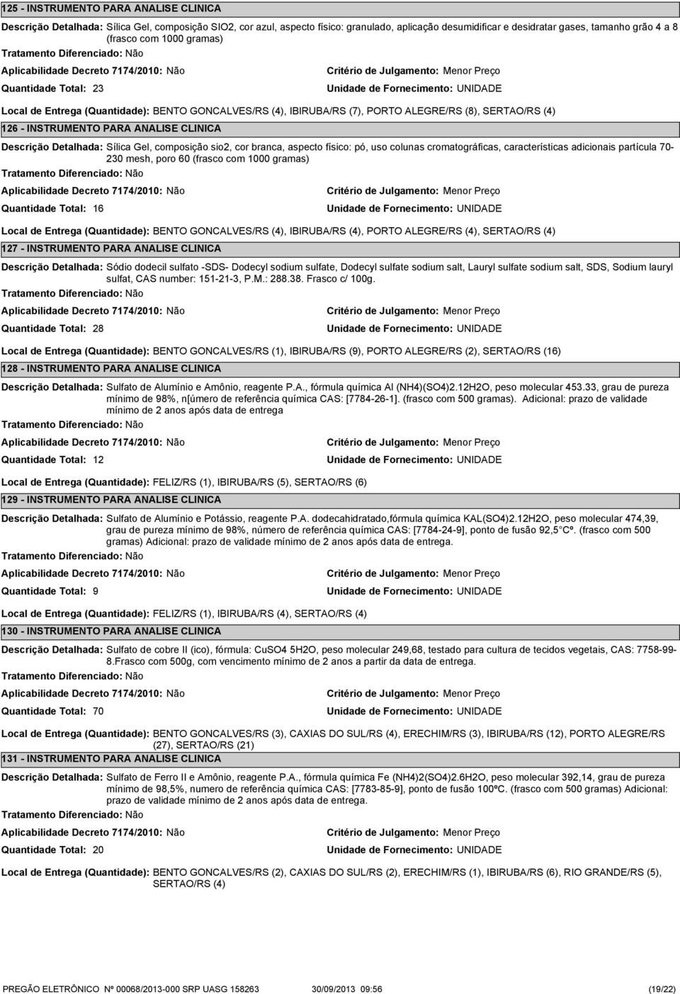 físico: pó, uso colunas cromatográficas, características adicionais partícula 70-230 mesh, poro 60 (frasco com 1000 gramas) Local de Entrega (Quantidade): BENTO GONCALVES/RS (4), IBIRUBA/RS (4),