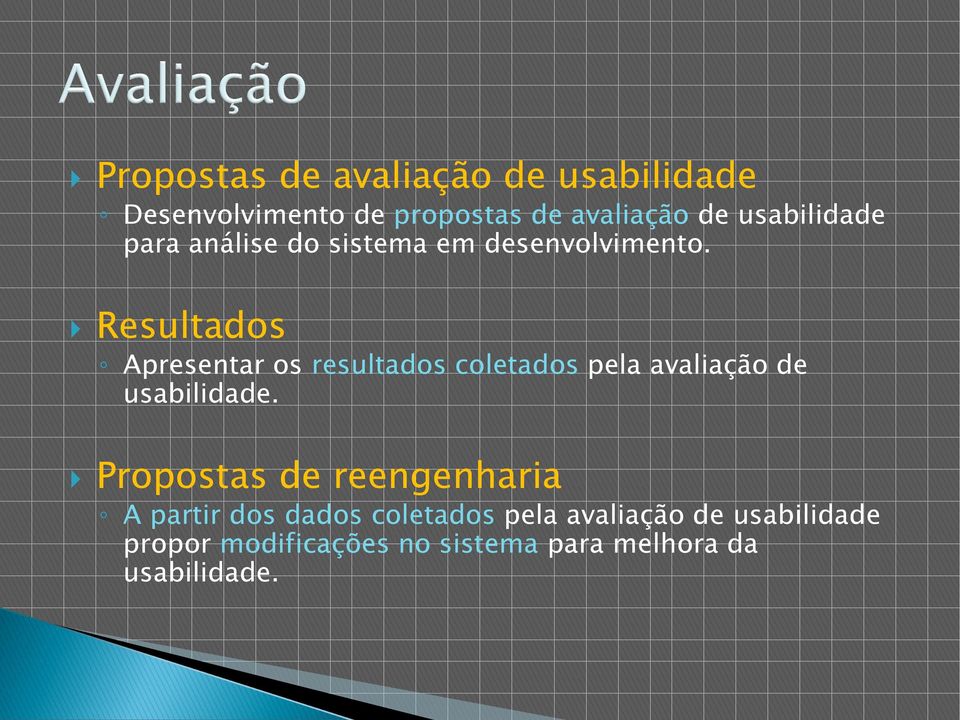 Resultados Apresentar os resultados coletados pela avaliação de usabilidade.