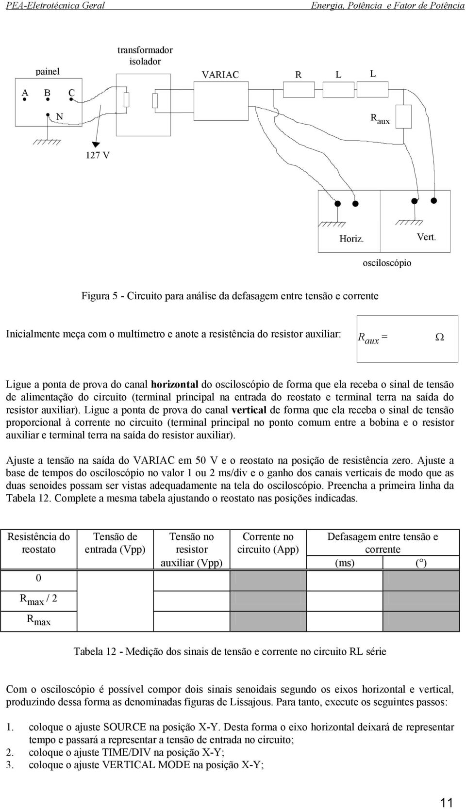 canal horizontal do osciloscópio de forma que ela receba o sinal de tensão de alimentação do circuito (terminal principal na entrada do reostato e terminal terra na saída do resistor auxiliar).