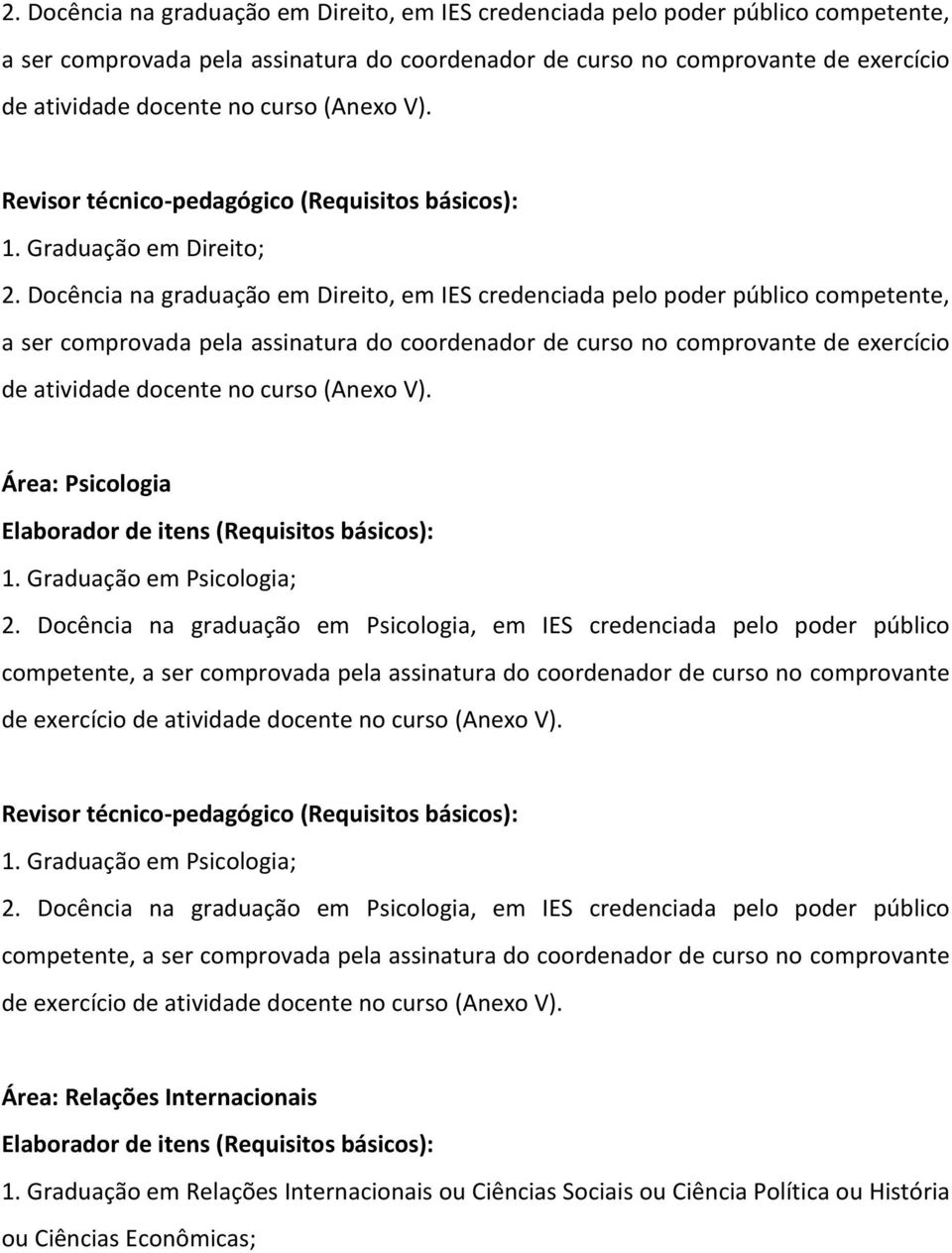 Graduação em Psicologia; 2. Docência na graduação em Psicologia, em IES credenciada pelo poder público Área: Relações Internacionais 1.