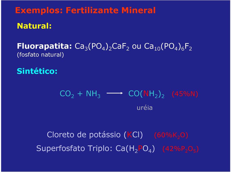 Sintético: CO 2 + NH 3 CO(NH 2 ) 2 (45%N) uréia Cloreto de