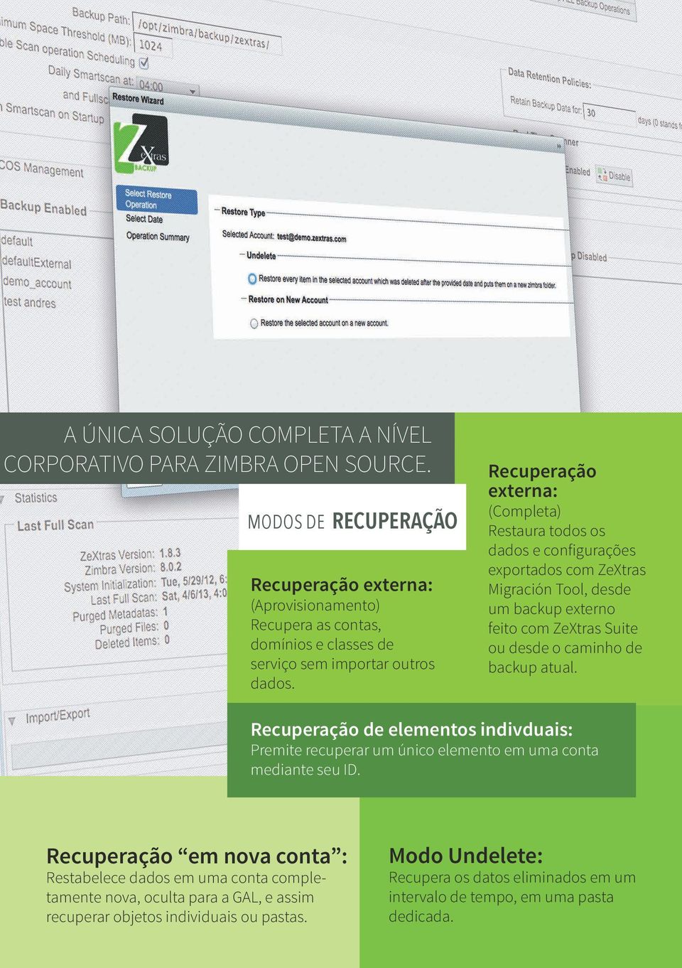 Recuperação externa: (Completa) Restaura todos os dados e configurações exportados com ZeXtras Migración Tool, desde um backup externo feito com ZeXtras Suite ou desde o caminho de