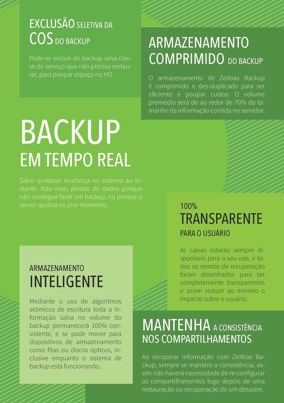 ARMAZENAMENTO COMPRIMIDO DO BACKUP O armazenamento de ZeXtras Backup é comprimido e des-duplicado para ser eficiente e poupar custos.