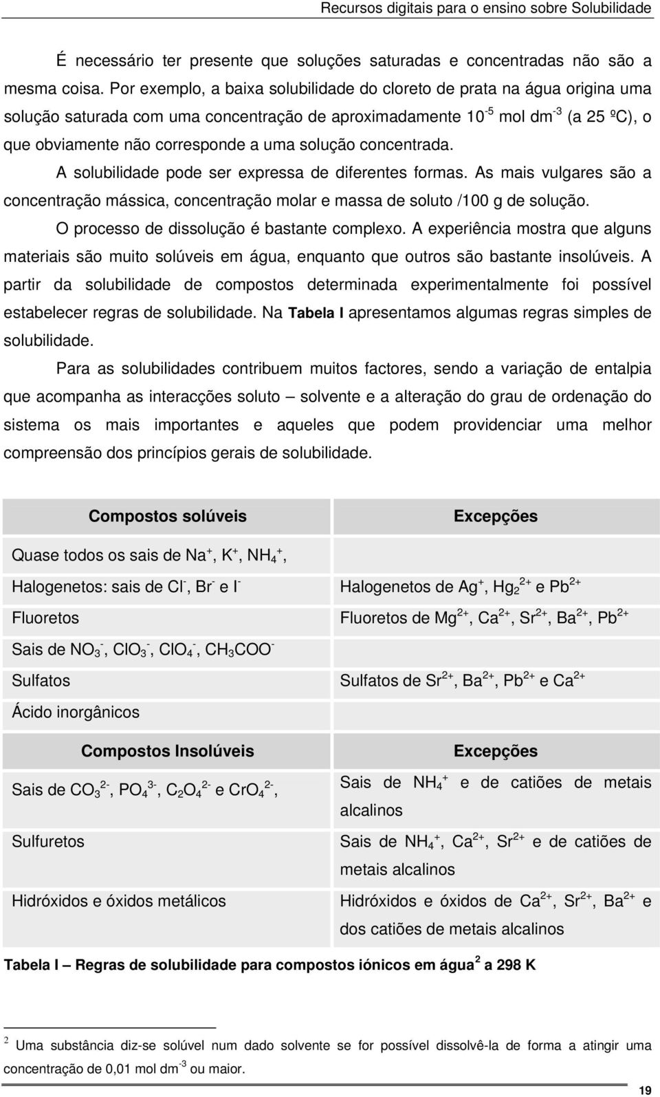 solução concentrada. A solubilidade pode ser expressa de diferentes formas. As mais vulgares são a concentração mássica, concentração molar e massa de soluto /100 g de solução.