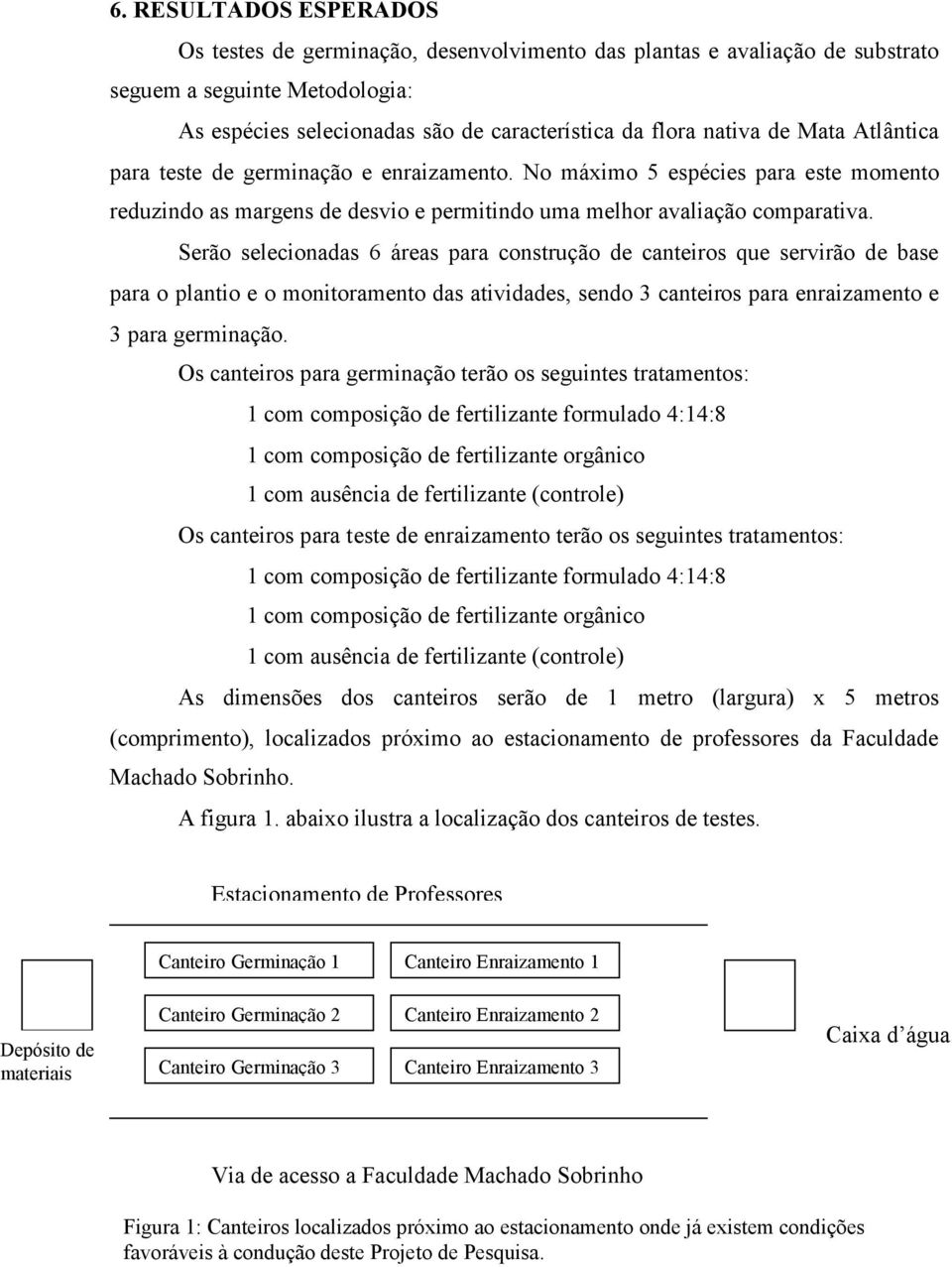 Serão selecionadas 6 áreas para construção de canteiros que servirão de base para o plantio e o monitoramento das atividades, sendo 3 canteiros para enraizamento e 3 para germinação.