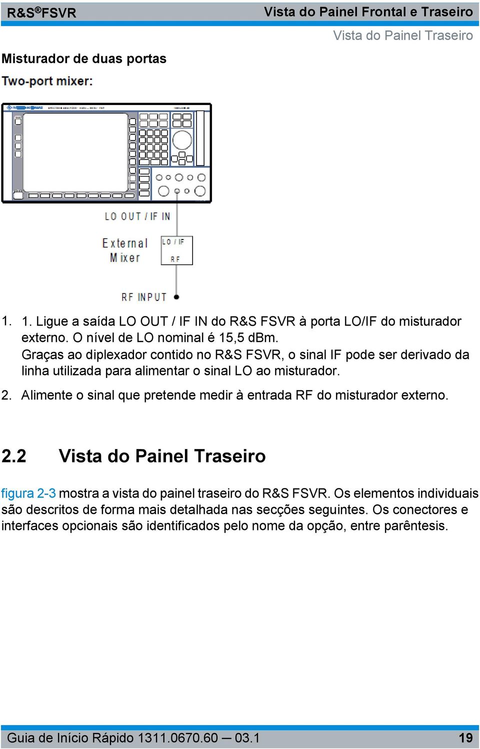 Alimente o sinal que pretende medir à entrada RF do misturador externo. 2.2 Vista do Painel Traseiro figura 2-3 mostra a vista do painel traseiro do R&S FSVR.