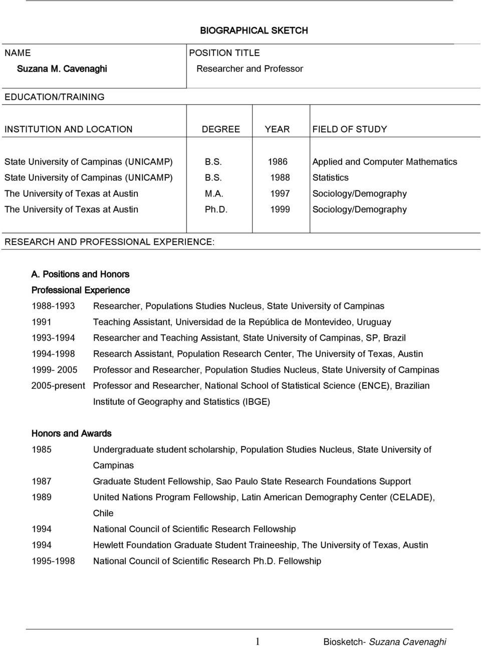Positions and Honors Professional Experience 1988-1993 Researcher, Populations Studies Nucleus, State University of Campinas 1991 Teaching Assistant, Universidad de la República de Montevideo,