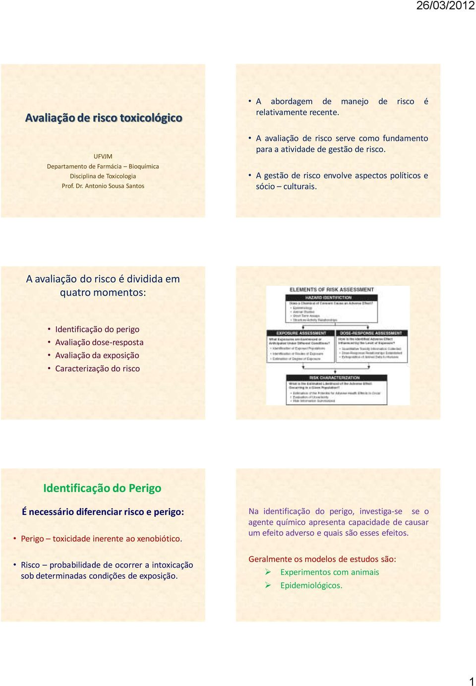 A avaliação do risco é dividida em quatro momentos: Identificação do perigo Avaliação dose-resposta Avaliação da exposição Caracterização do risco Identificação do Perigo É necessário diferenciar