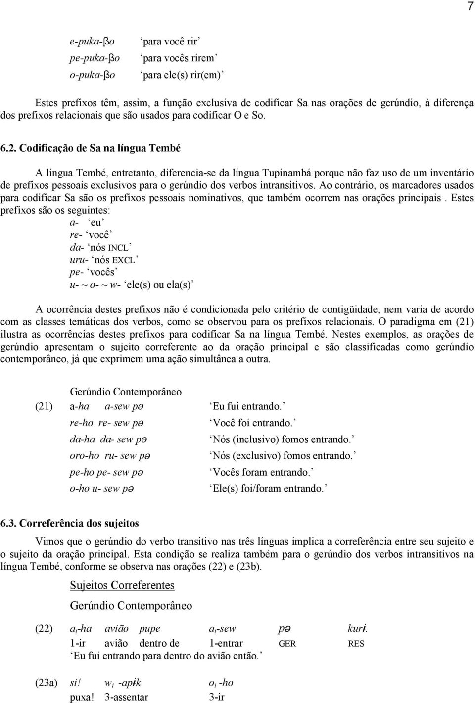 Codificação de Sa na língua Tembé A língua Tembé, entretanto, diferencia-se da língua Tupinambá porque não faz uso de um inventário de prefixos pessoais exclusivos para o gerúndio dos verbos