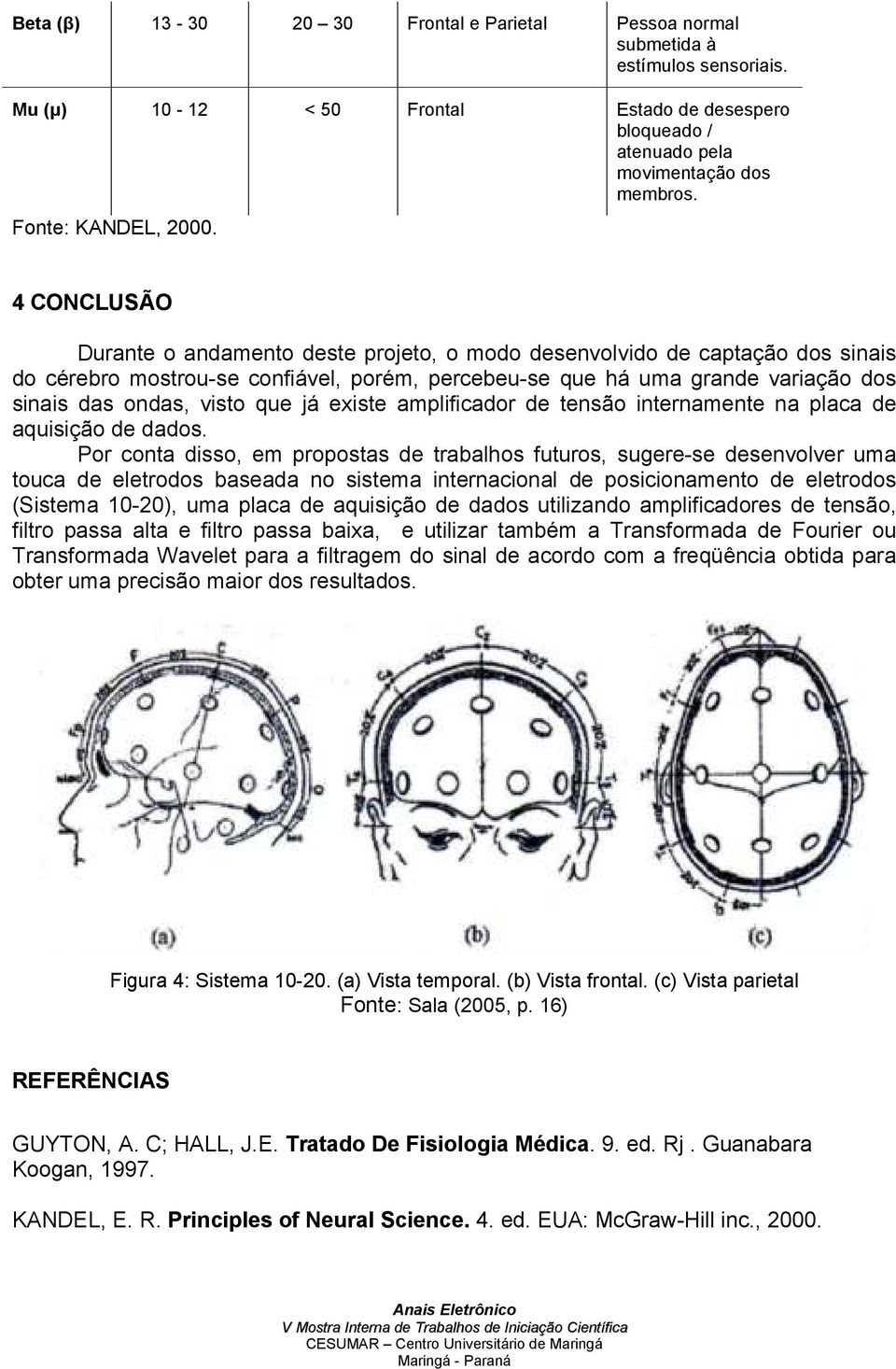 4 CONCLUSÃO Durante o andamento deste projeto, o modo desenvolvido de captação dos sinais do cérebro mostrou-se confiável, porém, percebeu-se que há uma grande variação dos sinais das ondas, visto