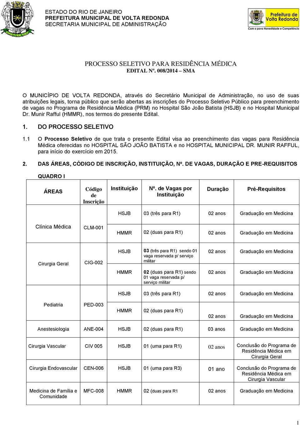 Público para preenchimento de vagas no Programa de Residência Médica (PRM) no Hospital São João Batista (HSJB) e no Hospital Municipal Dr. Munir Rafful (HMMR), nos termos do presente Edital. 1.