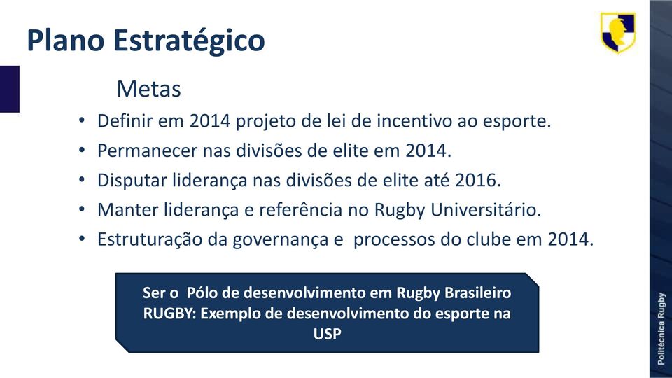 Manter liderança e referência no Rugby Universitário.