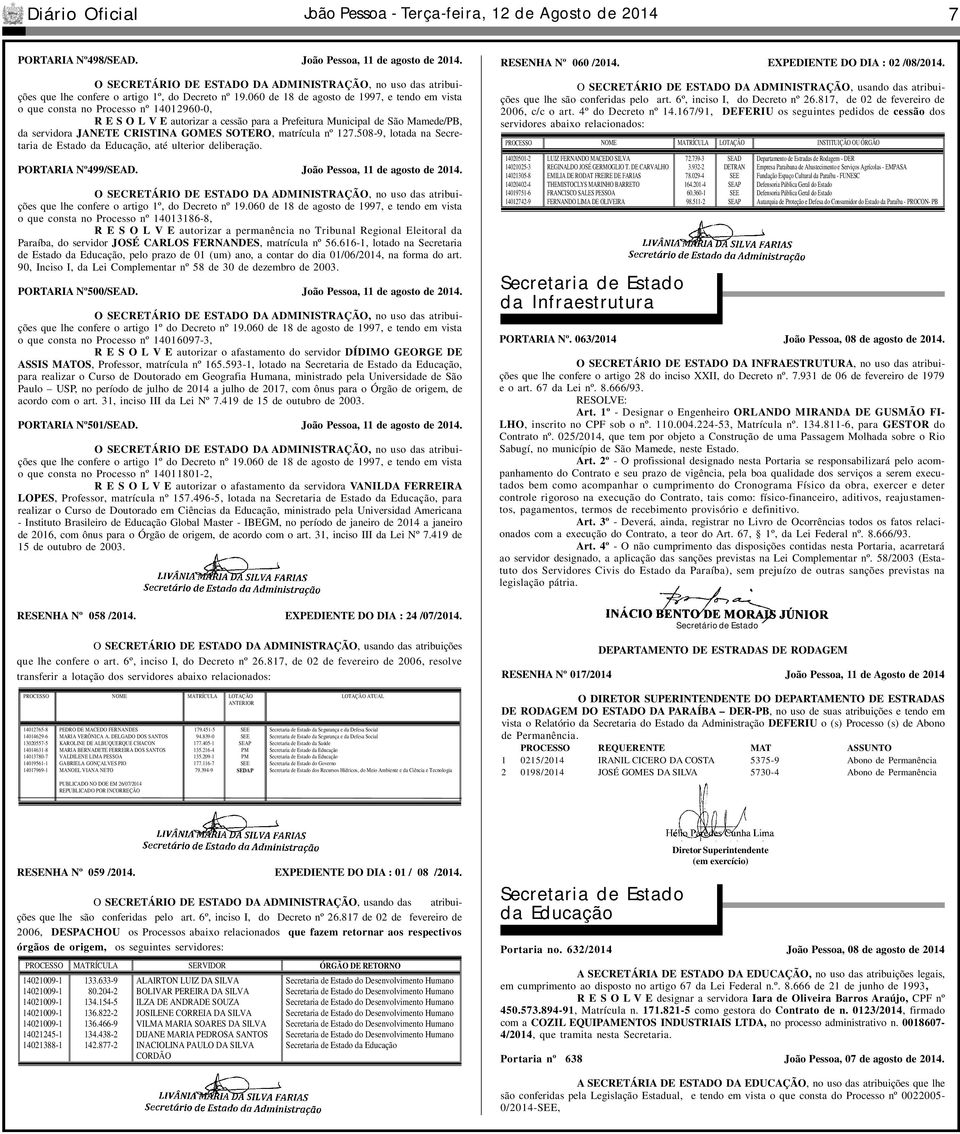 060 de 18 de agosto de 1997, e tendo em vista o que consta no Processo nº 14012960-0, R E S O L V E autorizar a cessão para a Prefeitura Municipal de São Mamede/PB, da servidora JANETE CRISTINA GOMES