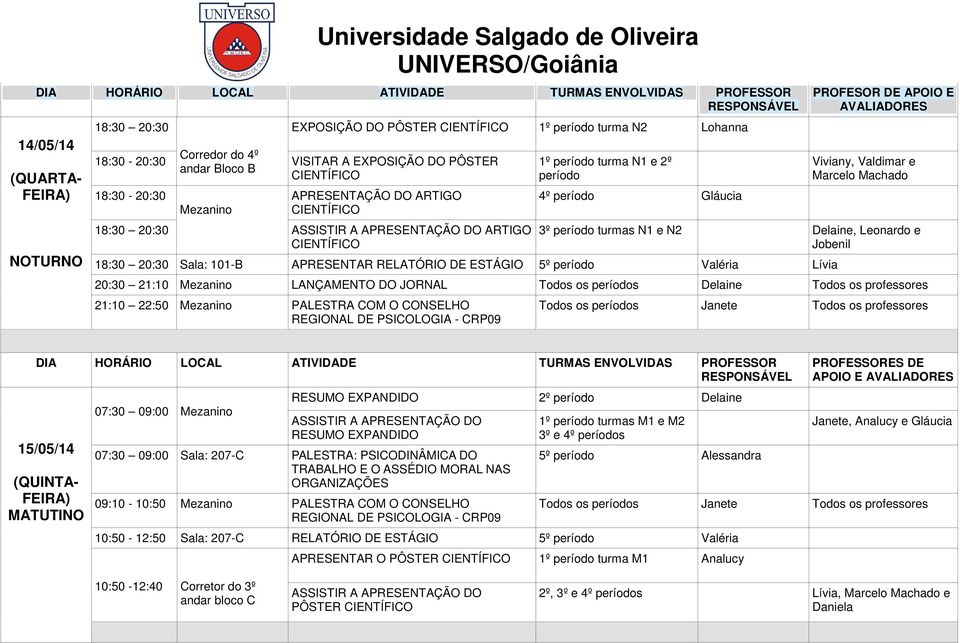 Sala: 101-B APRESENTAR RELATÓRIO DE ESTÁGIO 5º período Valéria Lívia 20:30 21:10 Mezanino LANÇAMENTO DO JORNAL Todos os períodos Delaine Todos os professores 21:10 22:50 Mezanino PALESTRA COM O