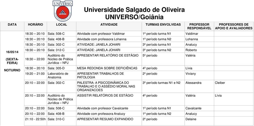 Roberto 18:30 22:00 Auditório do APRESENTAR RELATÓRIO DE ESTÁGIO 5º período Valéria 18:30 20:10 Sala: 305-D MESA REDONDA SOBRE DEFICIÊNCAS 4º período Lívia 19:20 21:00 Laboratório de Anatomia