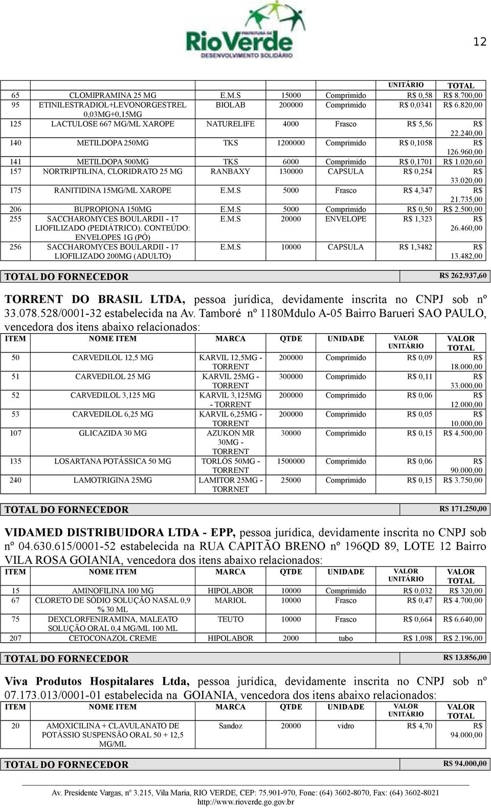 960,00 141 METILDOPA 500MG TKS 6000 Comprimido R$ 0,1701 R$ 1.020,60 157 NORTRIPTILINA, CLORIDRATO 25 MG RANBAXY 130000 CAPSULA R$ 0,254 R$ 33.020,00 175 RANITIDINA 15MG/ML XAROPE E.M.S 5000 Frasco R$ 4,347 R$ 21.