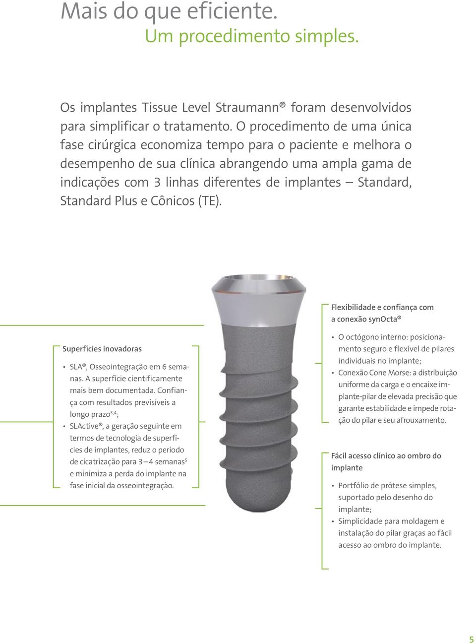 Standard Plus e Cônicos (TE). Flexibilidade e confiança com a conexão synocta Superfícies inovadoras SLA, Osseointegração em 6 semanas. A superfície cientificamente mais bem documentada.