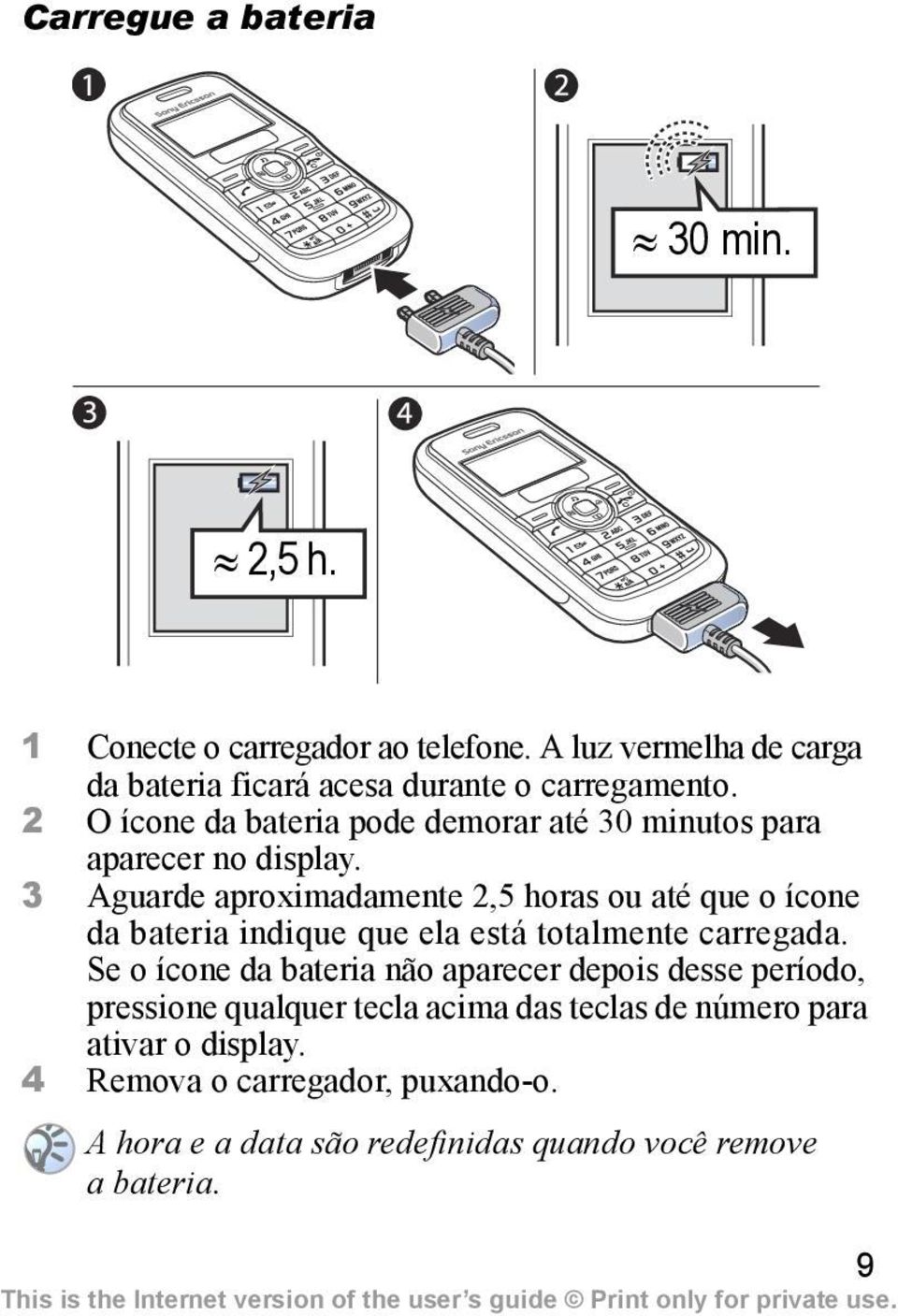 2 O ícone da bateria pode demorar até 30 minutos para aparecer no display.