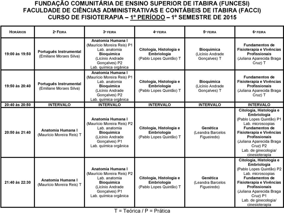 Cruz) T (Maurício Moreira Reis) P2 Gonçalves) P1 (Maurício Moreira Reis) P2 Gonçalves) P1 T = Teórica / P = Prática Genética (Leandra Barcelos Figueiredo)