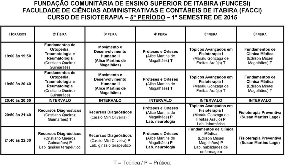 Clínica Médica T Clínica Médica T T P (Cassio Miri Oliveira) T (Cassio Miri Oliveira) P P Lab. neurologia P Lab. neurologia T = Teórica / P = Prática.