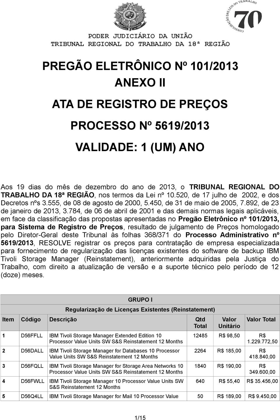 450, de 31 de maio de 2005, 7.892, de 23 de janeiro de 2013, 3.