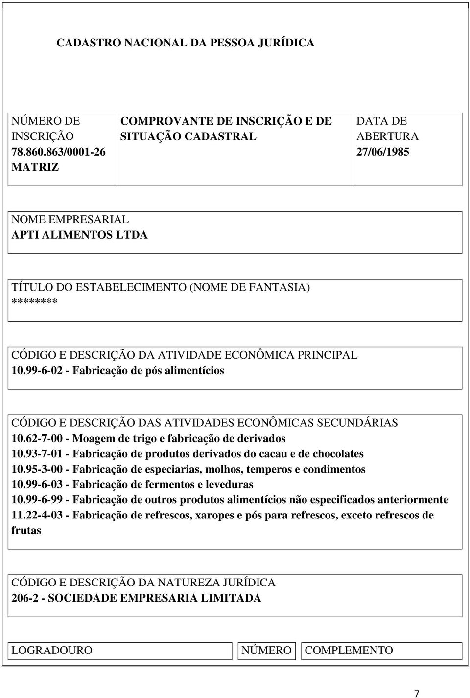 DESCRIÇÃO DA ATIVIDADE ECONÔMICA PRINCIPAL 10.99-6-02 - Fabricação de pós alimentícios CÓDIGO E DESCRIÇÃO DAS ATIVIDADES ECONÔMICAS SECUNDÁRIAS 10.