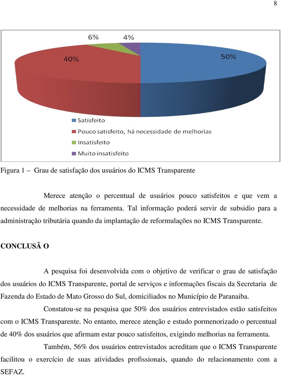 CONCLUSÃ O A pesquisa foi desenvolvida com o objetivo de verificar o grau de satisfação dos usuários do ICMS Transparente, portal de serviços e informações fiscais da Secretaria de Fazenda do Estado